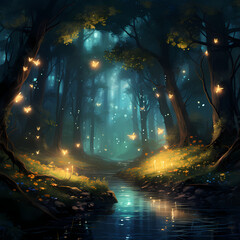 A mystical forest with glowing fireflies.