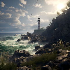 Fototapeta na wymiar A rocky coastal cliff with a lighthouse in the distance.
