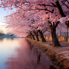 A row of cherry blossom trees along a riverbank