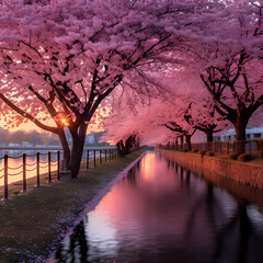 Fototapeta na wymiar A row of cherry blossom trees along a riverbank