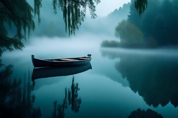 A dense fog enveloping a tranquil lake, with a lone rowboat barely visible in the ethereal mist. 