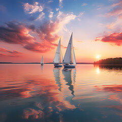 A row of sailboats on a peaceful lake