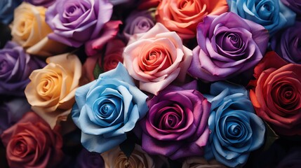 Fototapeta na wymiar Fantasy Vintage Bouquet of Deep Colorful Roses - Romantic Floral Art on Blurred Background