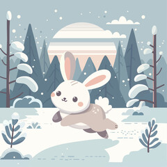 Obraz premium illustration of a rabbit running in a snowy forest in winter