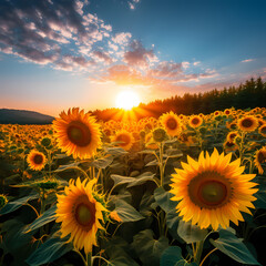 A field of blooming sunflowers under a bright sun.