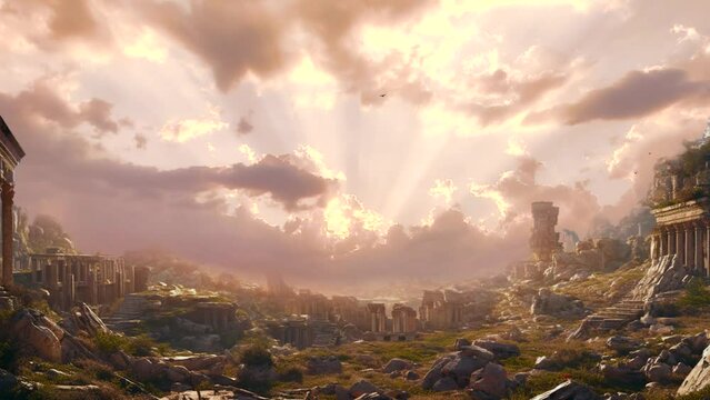 Ancient ruins of an old civilization. Sunset with clouds over a landscape featuring Greek and Roman temples. Recreation of a mythical place like Atlantis for an epic backdrop of archeology