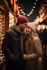 cute young couple wearing a reindeer beanie standing in a street with Christmas shops