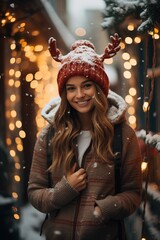 cute girl wearing a reindeer beanie, standing in a street with Christmas shops