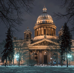 St. Isaac's Cathedral at winter night. Saint Petersburg. Russia.