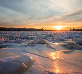 Chunks of crushed ice on the banks of the Neva River. Saint Petersburg. Russia.