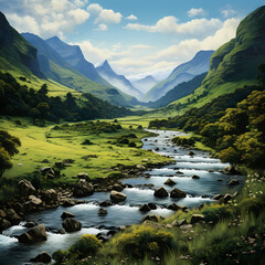 Fototapeta na wymiar Tranquil river winding through a lush valley.