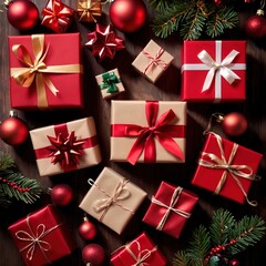 Christmas presents, top-down view, holiday seasonal tradition of gift giving and sharing