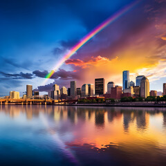 A vibrant rainbow over a city skyline at dusk