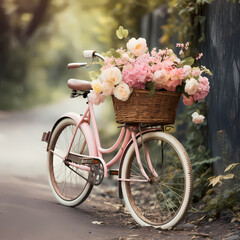 A vintage bicycle with a basket of flowers
