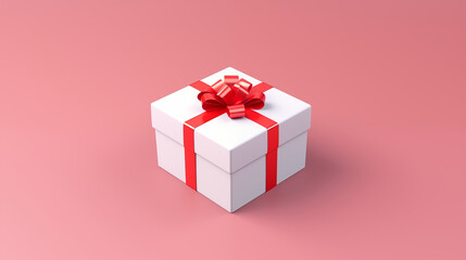white gift box with red ribbon bow isolated on pink pastel color background with shadow, Place For Text