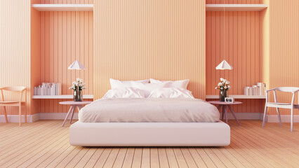 Peach Fuzz Orange wall color bedroom interior 2024 - 3D rendering - 690459157