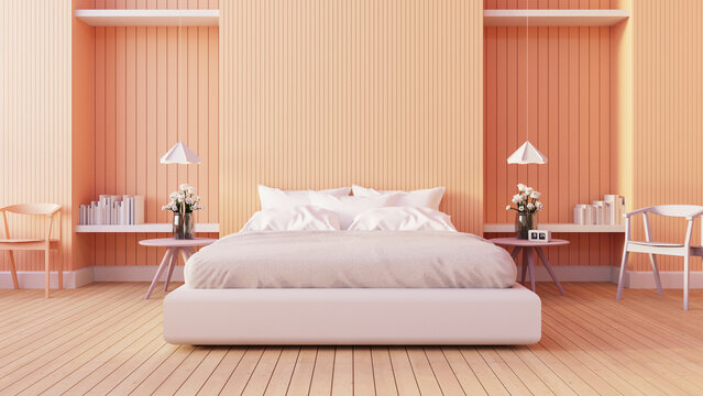 Peach Fuzz Orange wall color bedroom interior 2024 - 3D rendering