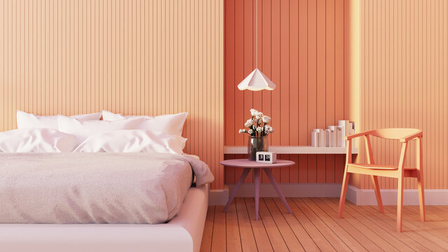 Peach Fuzz Orange wall color bedroom interior 2024 - 3D rendering