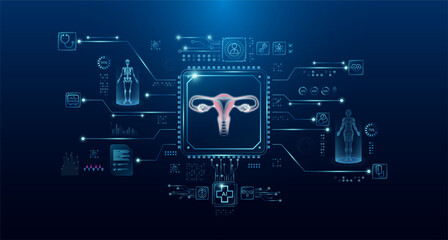 Uterus organ human in microchip processor circuit board. HUD interface and a hologram. Modern treatment future medicine. Innovative health care analysis of AI technology digital hi tech. Vector.