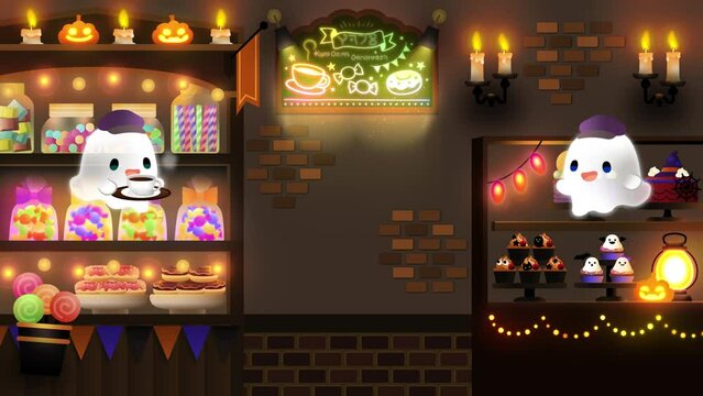 ろうそくとハロウィンおばけのスイーツショップループ動画コピースペースあり