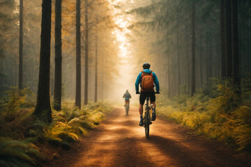 Obraz premium Back view of man cycling in the forest 