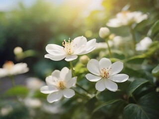 beautiful white coffee flowers in the garden, sunlight, detail coffee flowers, realistic coffee flowers