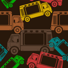 Editable Flat Monochrome Side View Mobile Food Trucks Vector Illustration in Various Colors With Dark Background for Vehicle or Food and Drink Business Related Design
