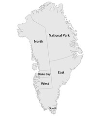 Greenland map. Map of Greenland divided into five regions.