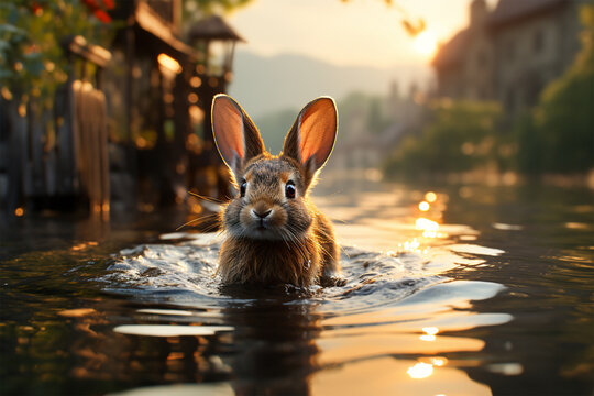 a rabbit swimming