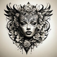 flower girl tattoo with skull and wing illustration