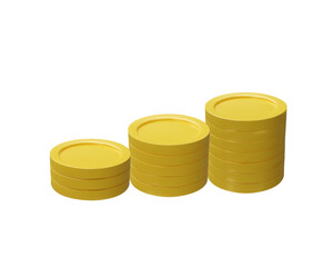 3D render rising golden coin stacks. Golden metal symbol of profit and investment. Financial composition of success for banking, economy. Business wealth. Realistic gold pile vector illustration.