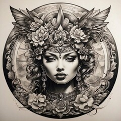 flower girl tattoo with skull and wing illustration