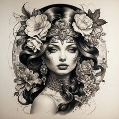 flower girl tattoo with skull and wing illustration