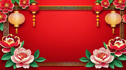 Obraz premium Traditional Chinese New Year 2024. Red paper lanterns and peony flowers template on background.