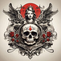 flower girl tattoo with skull and wing illustration