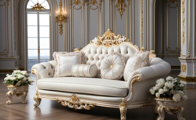 Elegant and Luxurious White and Gold Room with Sofa and Natural Light