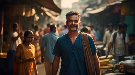 Shots of people in a bustling urban Indian local street market. Generative AI.