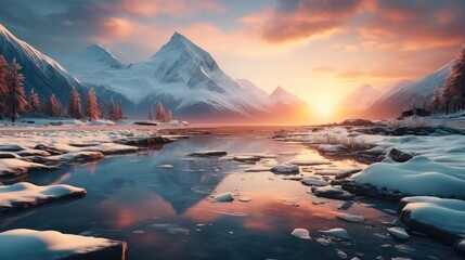 Sunrise in winter mountains, Mountain reflected in ice lake. Generative AI.