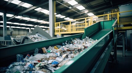 Recyclable materials on conveyor belt in a facility. Generative AI.