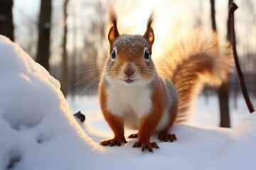 Obraz premium A cute squirrel standing in the snow. Generative AI.