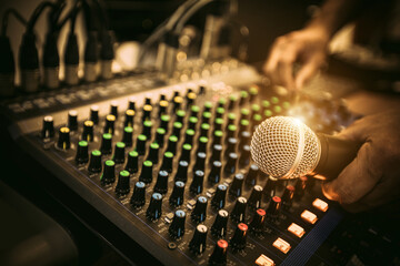 Hand DJ holding microphone on sound mixer in live broadcasting studio producer for sound record...