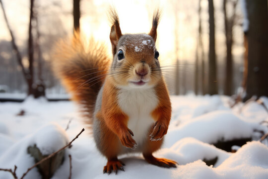 A cute squirrel standing in the snow. Generative AI.