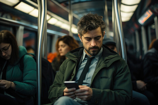 A person on a bus is engrossed in their smartphone. Generative AI.