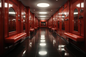 A luxury locker room of an arena with seats red interior and dark marble floor and ceiling....