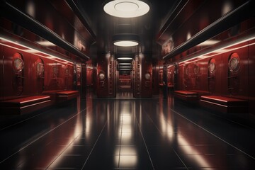 A luxury locker room of an arena with seats red interior and dark marble floor and ceiling....