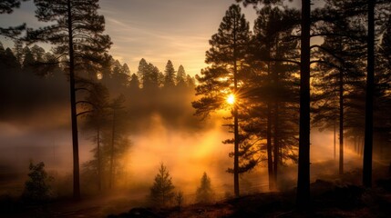 Fototapeta premium Cedar spruce pine tree forest in misty forest early morning.
