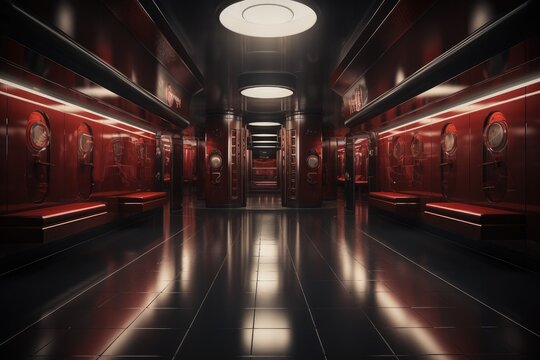 A luxury locker room of an arena with seats red interior and dark marble floor and ceiling. Generative AI.
