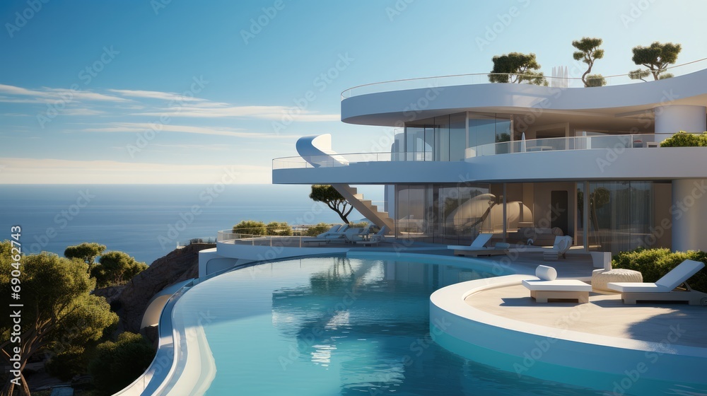 Poster villa with a swimming pool on a hill overlooking the ocean. generative ai.