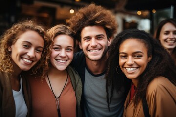 Fototapeta premium Portrait group of smiling people of different nationalities outside. Generative AI.