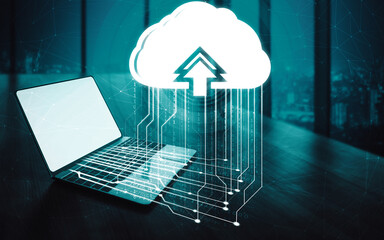 Cloud computing technology and online data storage for business network concept. Computer connects...